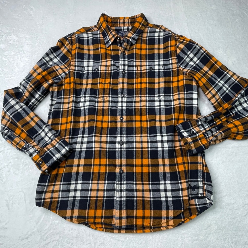 American Eagle Outfitters Mens Large Orange Black Plaid Flannel Prep Fit Shirt